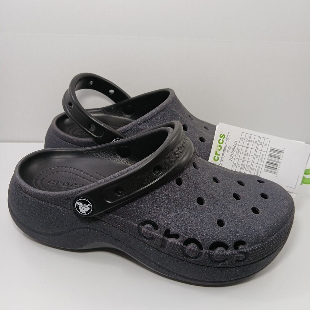 Crocs Baya Platform Glitter Sparkly Clog Slipon Shoes HighHeel Black Sz Womens 7